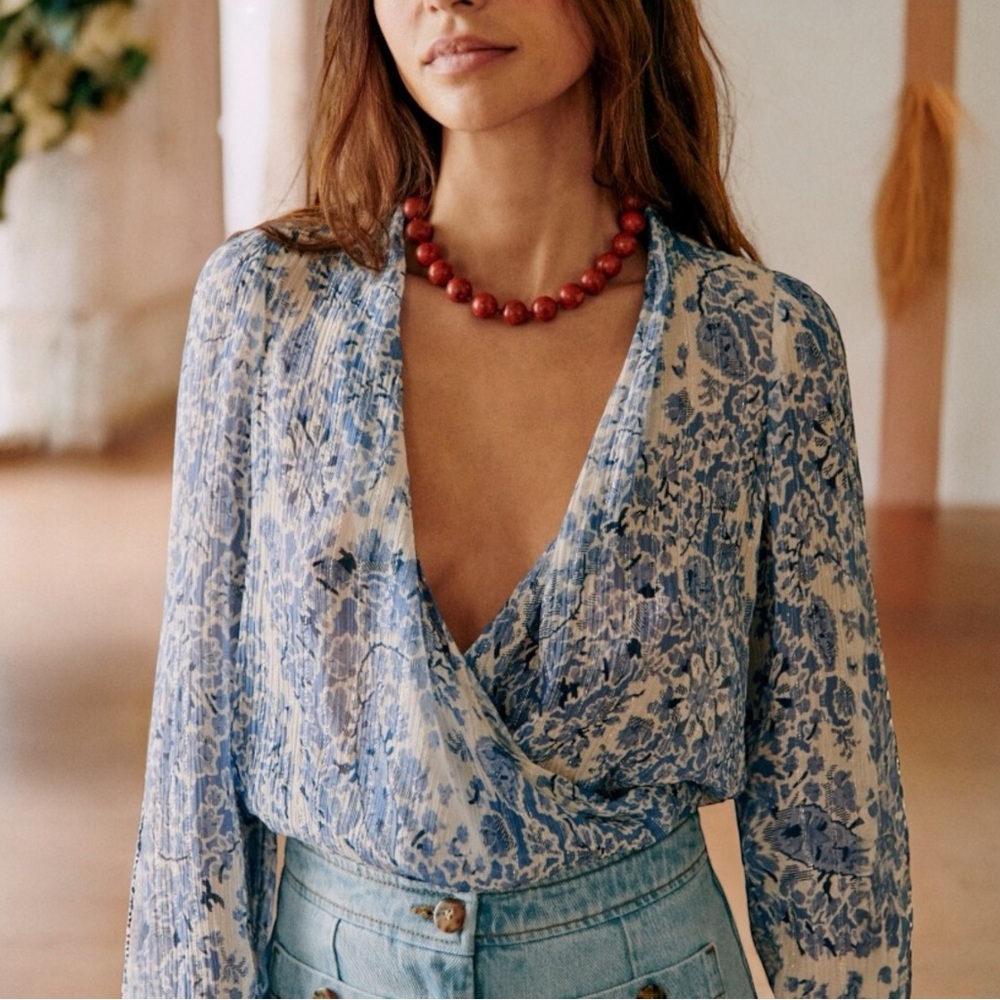 Sezane Amelia Blue and White Floral V Neck Faux Wrap Blouse - Picture 2 of 13